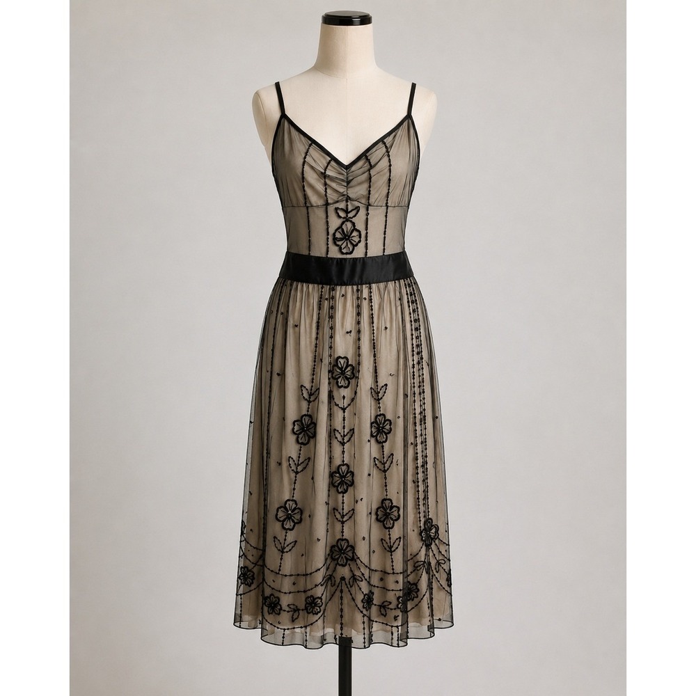 Ted Baker Dress London Black Floral Sequin Midi Dress Size 6-8 see measurements
